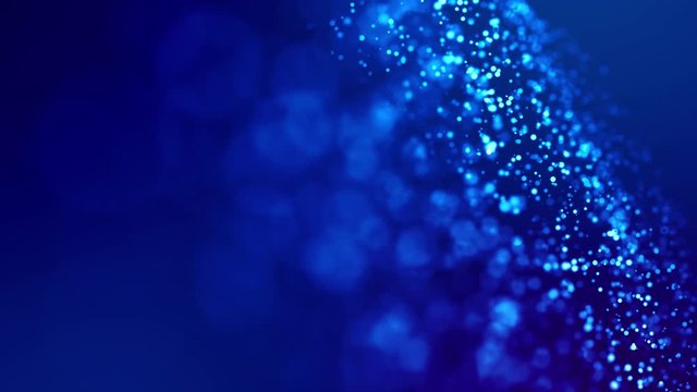 Magic blue glowing particles flow in viscous liquid and bright glisten. Science fiction. 4k 3d sci-fi background with glittering particles, depth of field and bokeh. Luma matte as alpha channel 50