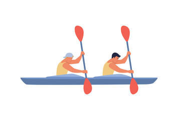 Two rowers swim in a boat. Vector illustration in flat design style, the concept of water sports, boating. - obrazy, fototapety, plakaty