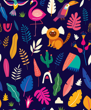 Vector colorful seamless pattern with tropical flowers, leaves, monkey, flamingo and birds. Brazil tropical pattern. Rio de janeiro pattern,. © moleskostudio
