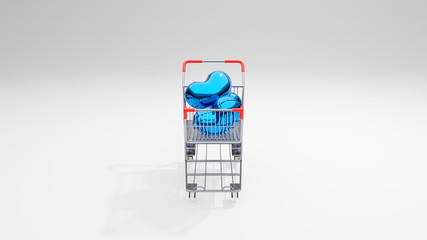 金属製ワイヤーのショッピングカートとハート型の青い風船 - Powered by Adobe
