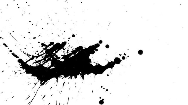 Black ink drops splatters spilling on white background