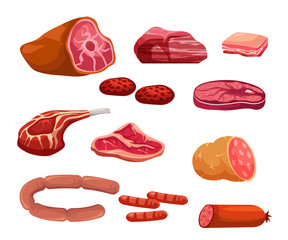 Fresh meat cartoon color vector illustrations set