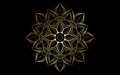 Circle pattern petal flower of mandala with gold color,Vector floral mandala patterns unique design with black background,Hand drawn pattern