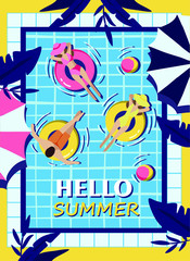 hello summer, a poster for a pool party with an inscription, people swim in the pool