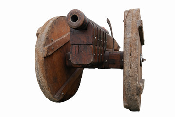 Old vintage gunpowder cannon on wooden carriage with large wheels isolated on white background