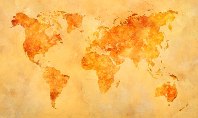 World map in watercolor painting abstract splatters on paper.