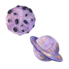 Set of violet planets or asteroids isolated on white background. Hand drawn watercolor illustration.