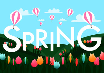 Spring season concept containing spring text art, tulip and balloon floating in the sky.  