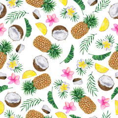 Seamless pattern with pineapple, coconut, pink plumeria flowers and jungle leaves on white background. Hand drawn watercolor illustration.