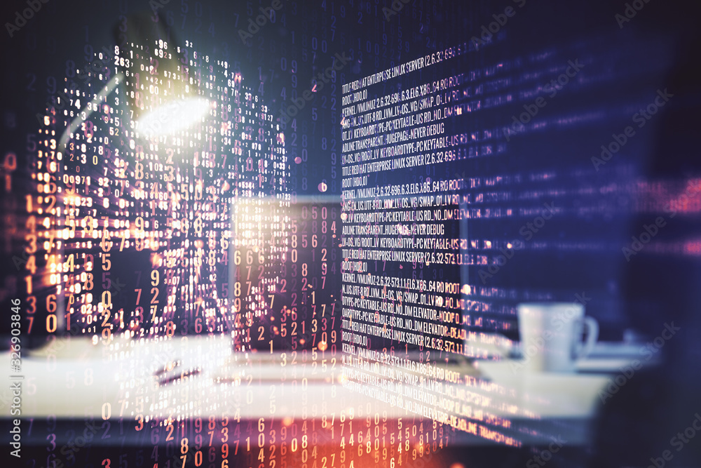Poster double exposure of creative code skull hologram on laptop background. malware and cyber crime concep