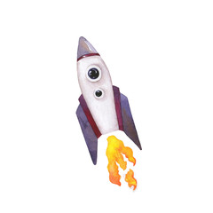 Cartoon flying rocket isolated on white background. Hand drawn watercolor illustration.