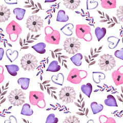 Seamless pattern with camomiles, pink locks, branches and hearts on white background. Hand drawn watercolor illustration.