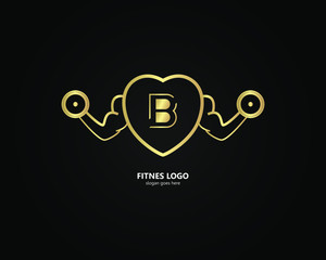 the letter B logo and the gym logo. the combination of the letter B and the hand holding barbell design. gold texture. Modern template. unique, simple and luxurious. for cards and graphic design.