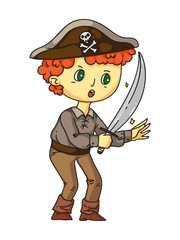 Little boy pirate with sward in hand, earring in ear standing isolated on white. Sailor costume for halloween or carnival party. Birthday games and entertainment. Flat vector illustration.