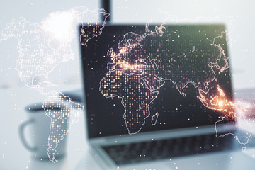Double exposure of abstract digital world map on computer background, big data and blockchain concept