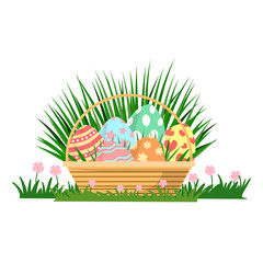 easter eggs and grass in the basket