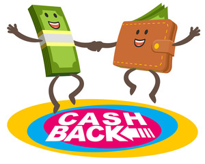 Happy money character and wallet character jumping on the trampoline. Cash back theme.