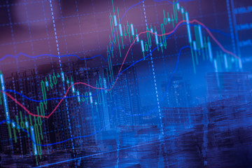 Financial investment concept, Double exposure of city night and stack of coins for finance investor, Forex trading candlestick chart, Cryptocurrency Digital economy. background for invest