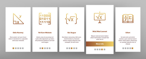 Math Science Education Onboarding Icons Set Vector. Math Formula And Function, Geometry Figure And Binary Code, Calculator And Book Illustrations