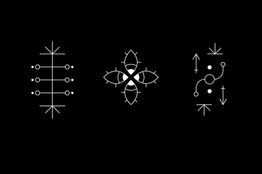 Occult geometry symbol set. Ancient secret inscriptions, rune or glyph. Eye sign. Cave drawings. UFO signs. Design symbols for puzzle, logic, metroidvania and indie games. Vector illustration.