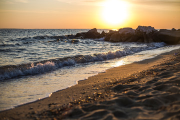 Rocky seashore of Elia Nikiti in sunset, Chalkidiki, Greece