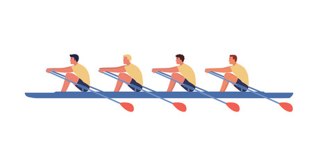 Four athletes swim on a boat, the concept of rowing competitions. Vector illustration, flat style. - obrazy, fototapety, plakaty