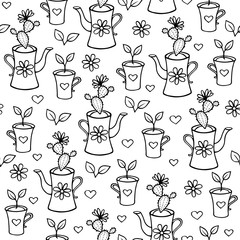 Sprout and cactus in a teapot and cup with flowers and hearts seamless pattern. Hand-drawn doodle outline home plants background for wrappers, banners, scrapbooking paper. Stock vector illustration.