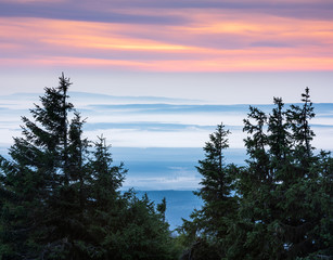 Aussicht vom Brocken über Hügel und Wälder mit Talnebel bei Sonnenaufgang, Nationalpark Harz,...