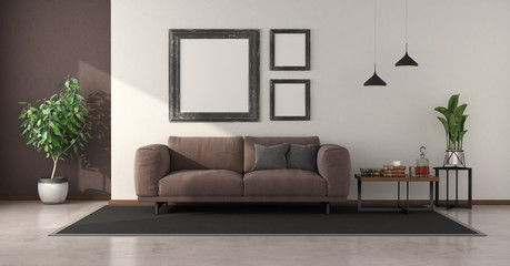 Minimalist living room with brown sofa and coffee table