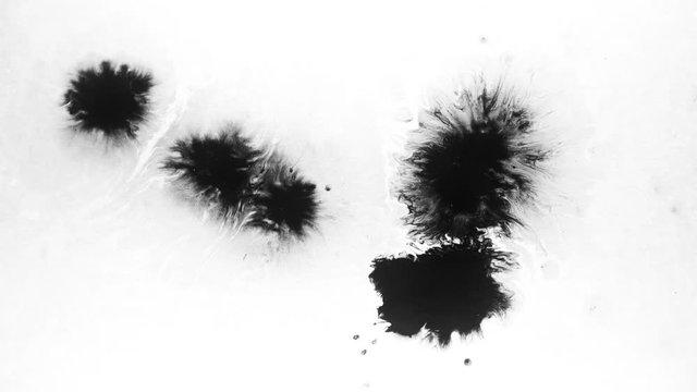 Black ink drops splatters spilling on white background