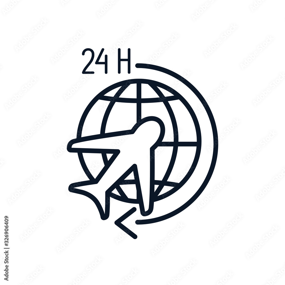 Poster isolated global sphere airplane and 24 hours arrow line style icon vector design