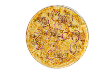 Pizza whole round, cut into pieces, with minced meat, olives, tuna, on a white isolated background. Fast food in a pizzeria, a floury cheese product, View from above
