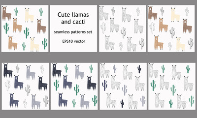 Llamas and cacti seamless patterns. Beige, gray and outline alpacas with green and gray Succulents. Hand-drawn animals and plants in natural colors in Scandinavian style. Stock vector illustration.