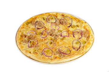 Pizza whole round, cut into pieces, with minced meat, olives, tuna, on a white isolated background. Fast food in a pizzeria, a floury cheese product, side View