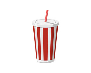 Red disposable paper or plastic beverage striped cup packaging template with drinking straw for soda or fresh juice cocktail. Vector eps illustration isolated on white background