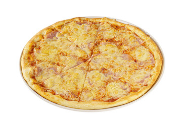 Pizza whole round, cut into pieces, on a white isolated background. Fast food in a pizzeria, a floury cheese product, Side view