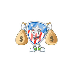 A cute image of shield badges USA with star cartoon character holding money bags