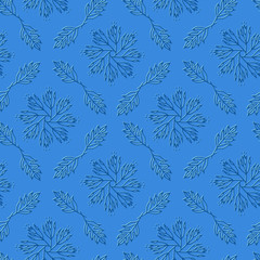 Vector seamless diagonal background symmetrical engrave pattern with doodle flowers in shape of mandalas on deep blue backdrop. Beautyful retro tile for wrapping and decoration in old wallpapers style