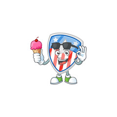 Shield badges USA with star mascot cartoon style eating an ice cream