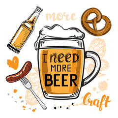 Beer set with a beer mug and the inscription I need more beer on a white background