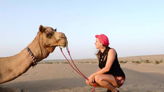 Woman on Camel Safari in the Thar Desert of Jaisalmer