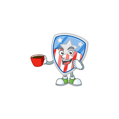 Cool shield badges USA with star cartoon character with a cup of coffee
