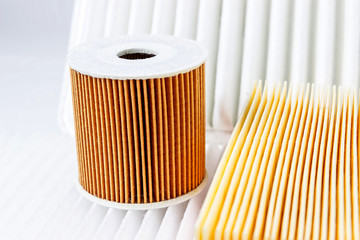Car oil and air filter  on a white background isolated.  Auto Parts. Spare parts.