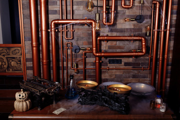 chemist's laboratory with smoke, pipes, test tubes