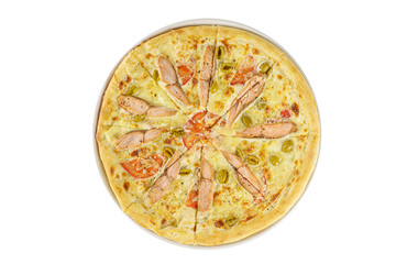 Pizza whole round, cut into pieces, with fish, chum salmon, olives, tomato, on a white isolated background. Fast food in a pizzeria, a floury cheese product, View from above