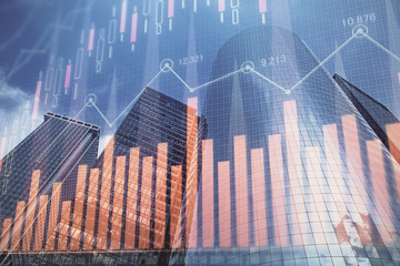 Forex chart on cityscape with skyscrapers wallpaper multi exposure. Financial research concept.