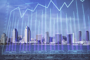 Plakat Forex chart on cityscape with skyscrapers wallpaper multi exposure. Financial research concept.