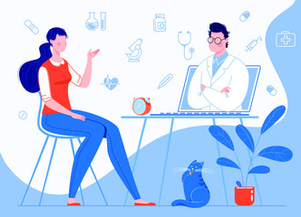 Woman patient at home sitting on a chair consults with a doctor through a laptop. Online medical care concepts. Background infographics illustration: icons of medical supplies. Vector. Illustration fl
