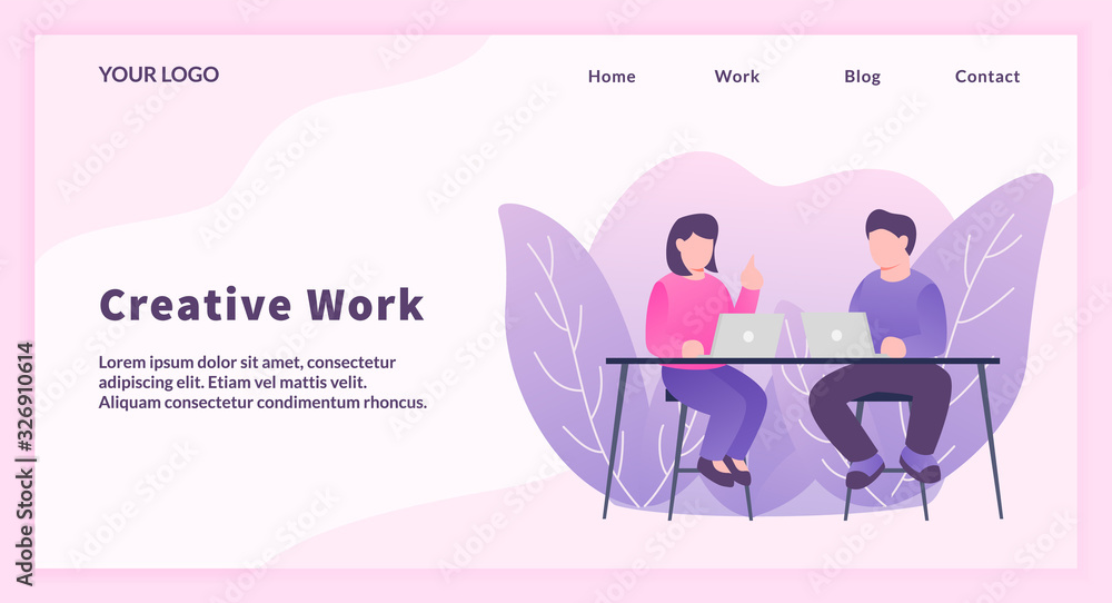 Aufkleber creative work concept with man and work on table discuss for website template or landing homepage