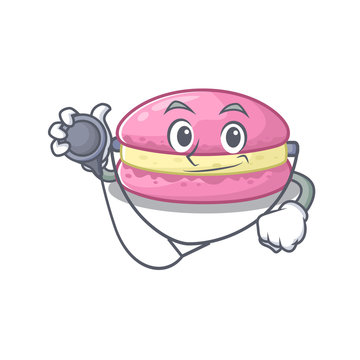 A mascot picture of strawberry macarons cartoon as a Doctor with tools